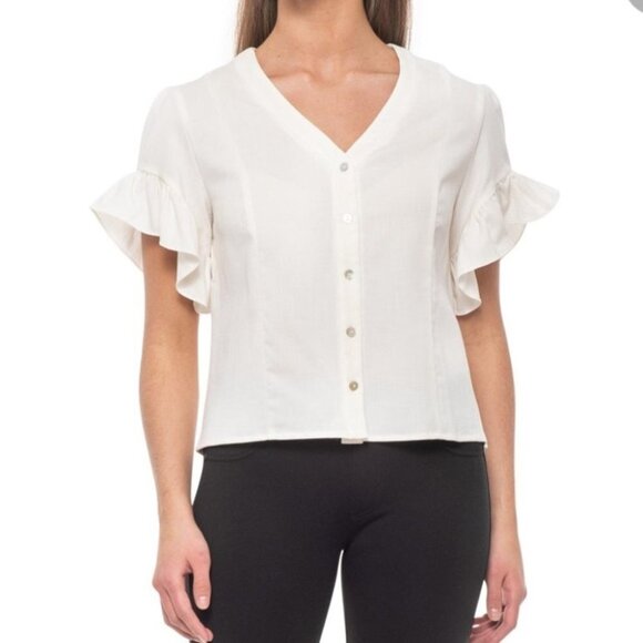 DREW Tops - Drew White Flutter Sleeve Button Beverly Shirt